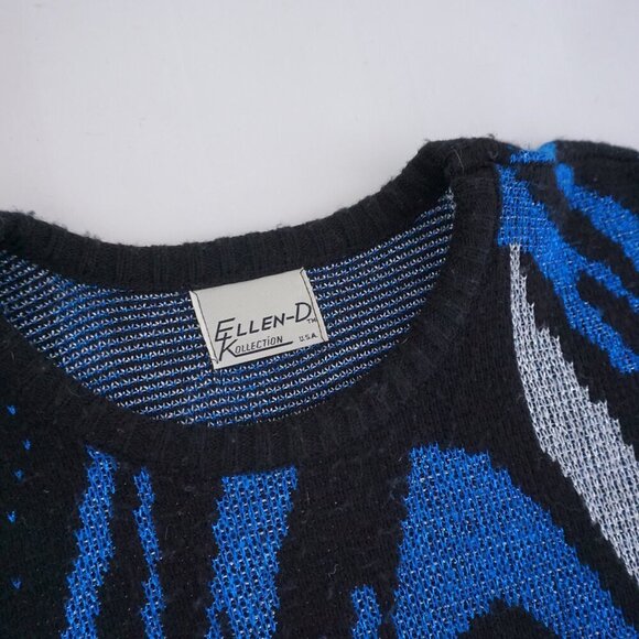 Vintage Ellen-D Kollection Black Blue Silver Knit Shimmer Abstract Sweater S - Picture 10 of 10